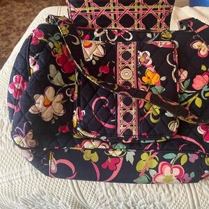 Vera Bradley Navy Quilted Floral Tote with Pink and Yellow Accents